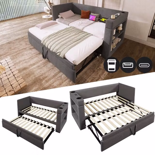 Daybed singolo – 90x190 cm – estraibile USBC portabicchieri – lino grigio