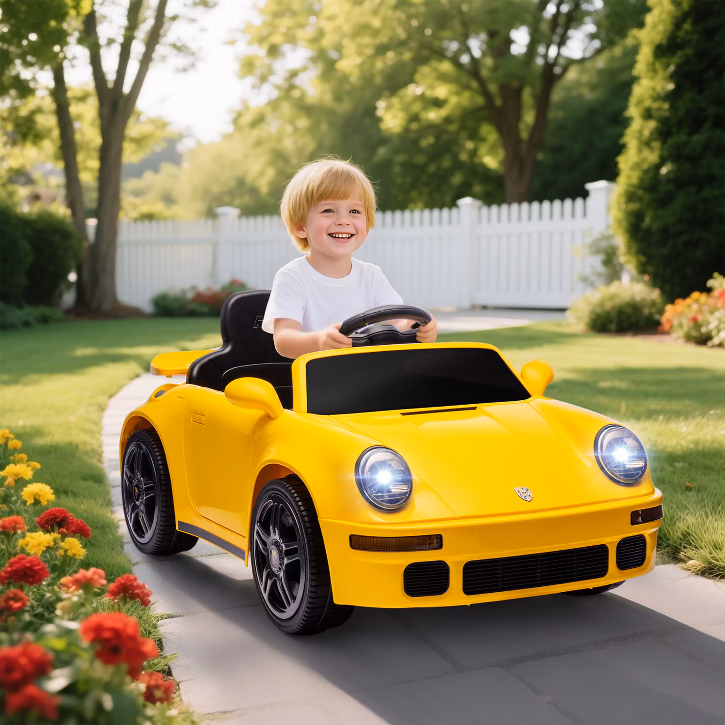 Auto elettrica AIYAPLAY per bambini con telecomando, lettore MP3, luci LED e clacson, Giallo – 2