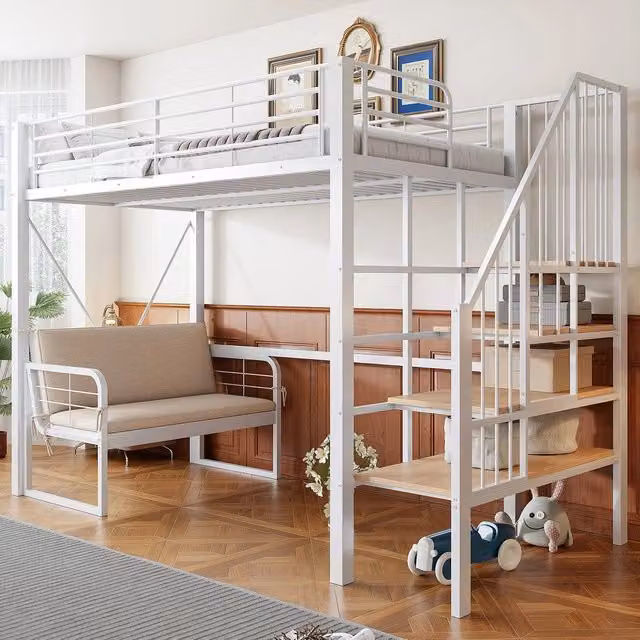 Letto a castello stabile - Zephmum- 90x200 cm - Bianco - Con divano, spazio di archiviazione e scala di sicurezza