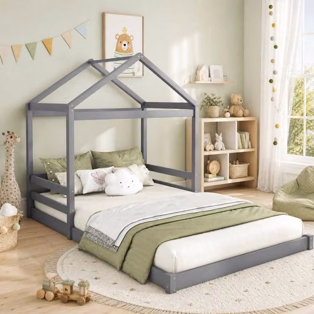 Letto a casetta Mivray per cameretta dei bambini in legno di pino e MDF grigio con rete a doghe L/P/H: 206 x 140 x 149 cm