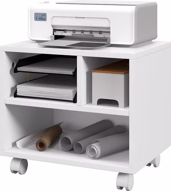 HOMCOM Mobile Porta Stampante a 2 Livelli con 3 Scomparti e Ruote per Ufficio e Studio, Bianco, L 40 cm x P 30 cm x H 36 cm