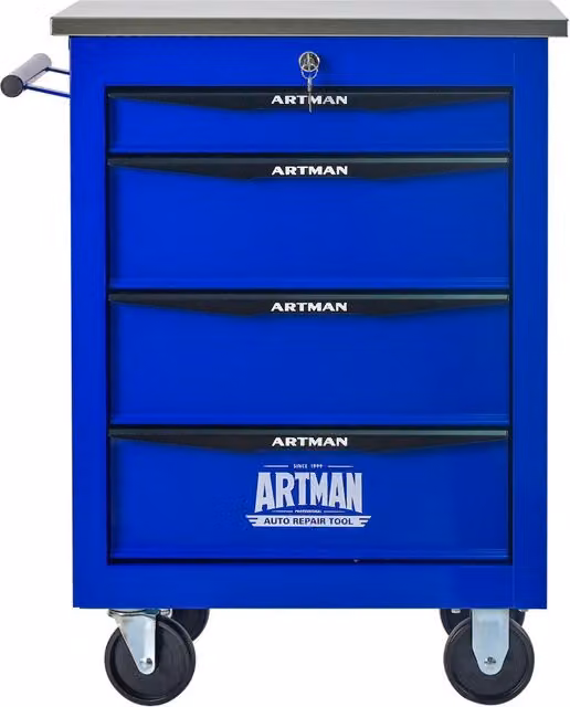 carrello da officina 4 cassetti in acciaio blu e nero con ruote e serratura