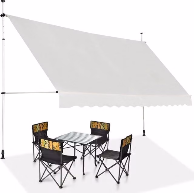Tenda da sole retrattile Design Mania beige e bianca, parasole impermeabile resistente ai raggi UV con struttura in alluminio e manovella, L: 395 cm, P: 120 cm