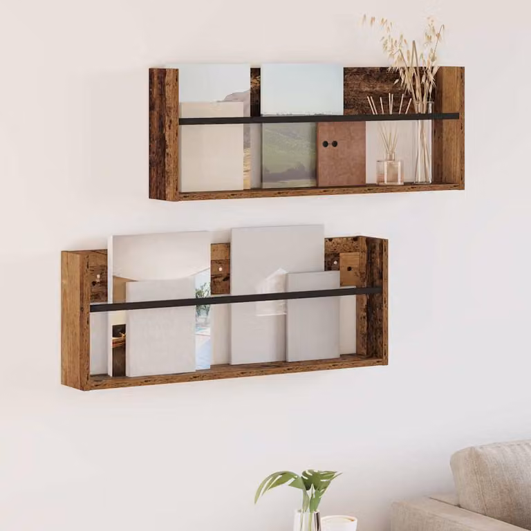 Set di 2 Scaffali per riviste vidaXL in legno effetto vecchio marrone, da appendere al muro, L 80 cm x P 12 cm x H 30 cm