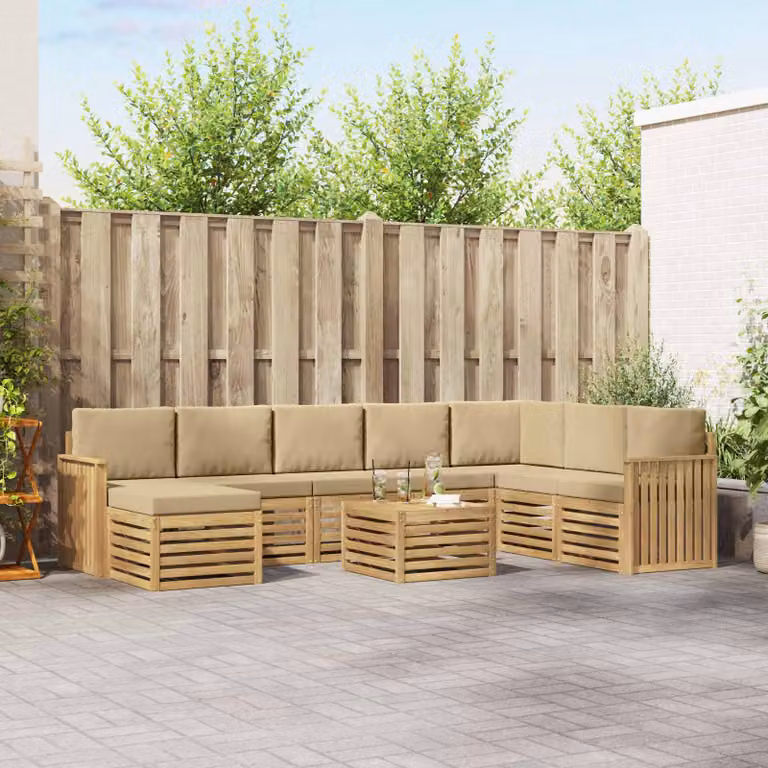 Set di divani da esterno vidaXL 9 pezzi in legno di acacia con cuscini, colore bianco, beige e marrone