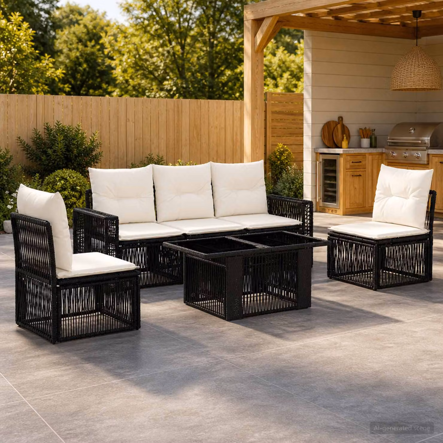 Set Divano da Giardino vidaXL in Polyrattan 6 Pezzi con Tavolino e Cuscini, Design Moderno a L, Colore Nero e Bianco Crema