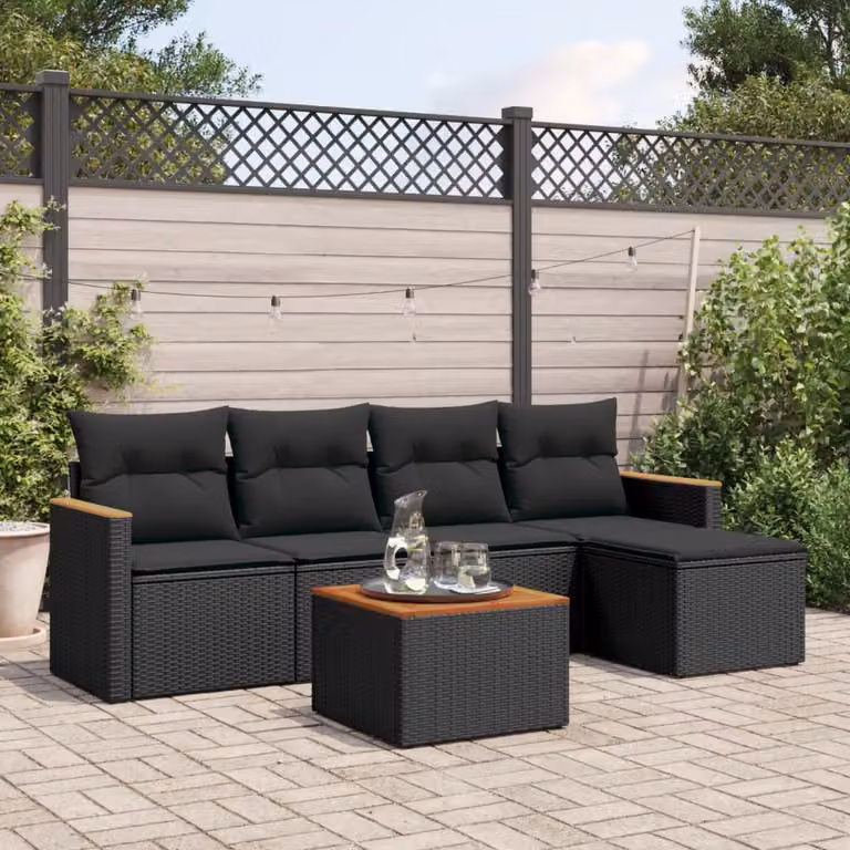 Set Divano da Giardino vidaXL 6 pz in Polyrattan Nero con Cuscini e Tavolino da Caffè