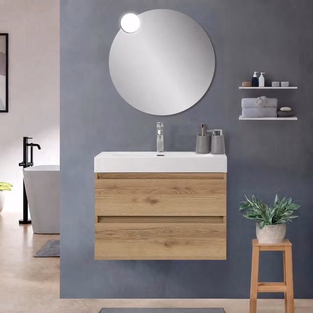 Mobile bagno sospeso 80 cm quercia naturale con due cassetti e lavabo alto in resina Leda