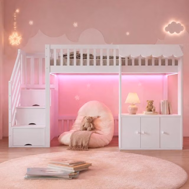 Letto a soppalco singolo 90x200 cm con scala contenitore; LED multicolore e vano portaoggetti