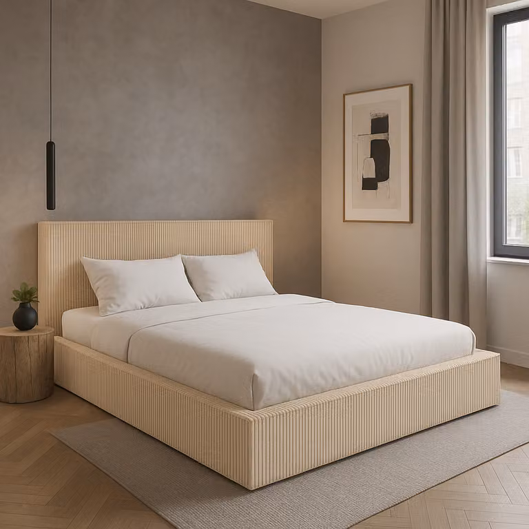Letto imbottito Sofello Simple, forma moderna, FILO Crema 140x200, realizzato in tessuto di velluto a coste con base a doghe in legno con funzione di sollevamento. Design moderno in colori di tendenza, con vano contenitore.