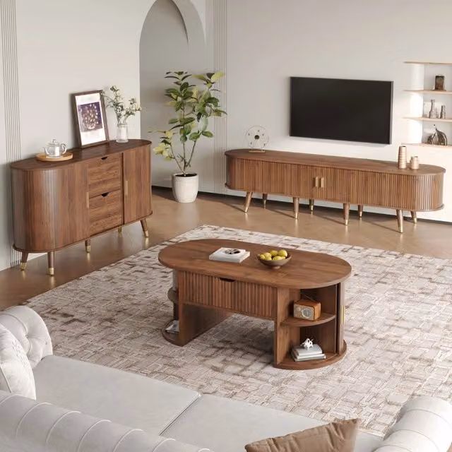 Set soggiorno 3 pezzi: tavolino con piano sollevabile, mobile TV e credenza con ante scorrevoli, scanalature verticali, piedi in legno, manici oro