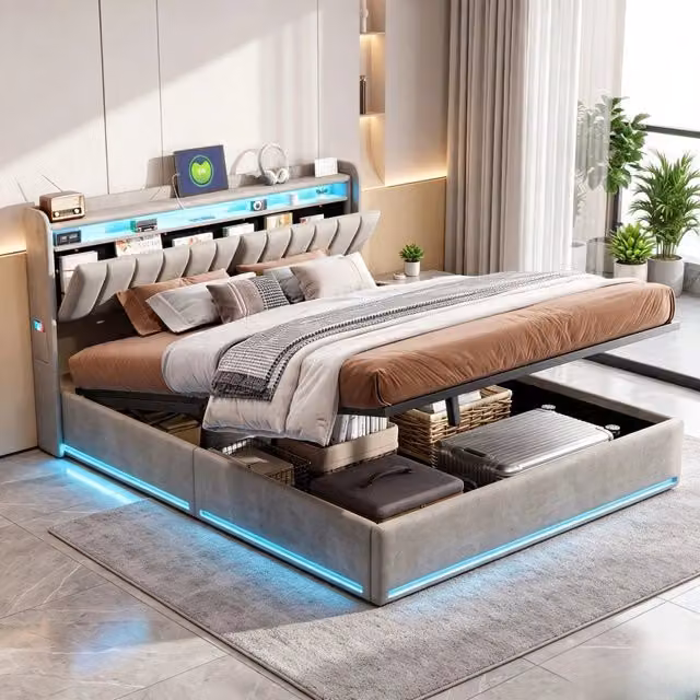 Letto matrimoniale 160x200 con contenitore;letto matrimoniale contenitore con testiera LED;struttura letto matrimoniale imbottita in velluto grigio