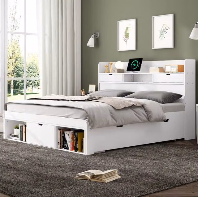 Letto matrimoniale 160x200 cm con porta USB, cassetti e armadietto, senza materasso, bianco