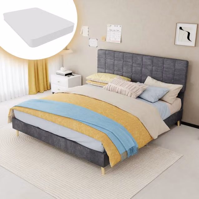 Letto matrimoniale 160x200 cm in tessuto grigio con testiera imbottita a quadri e gambe effetto legno