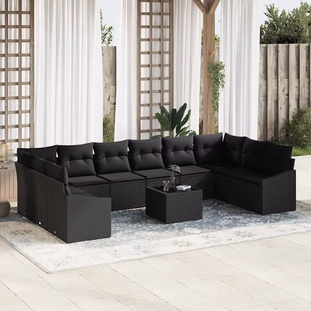 Set Divano da Giardino vidaXL in Polyrattan Nero con Cuscini e Tavolino da Caffè con Funzione di Archiviazione – 1