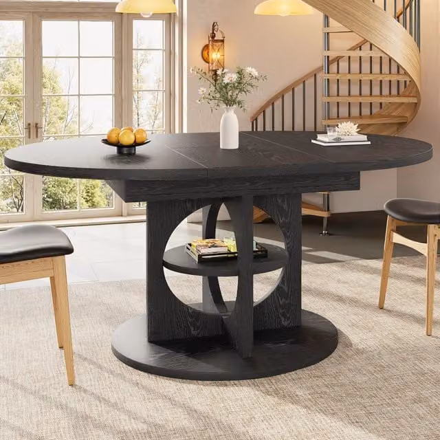 Tavolo da pranzo allungabile WISHDOR moderno con piano ovale in MDF e struttura in metallo, colore nero opaco, L: 110 cm, P: 60 cm, H: 76 cm