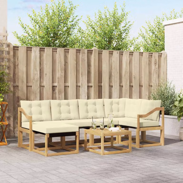 Set di divani da esterno vidaXL 7 pz a forma di U in legno di acacia con cuscini e tavolino, Bianco e Beige