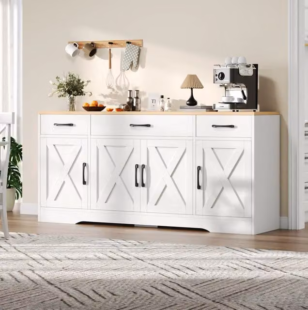 Madia bianca in MDF con 3 cassetti e 4 ante, 160 cm