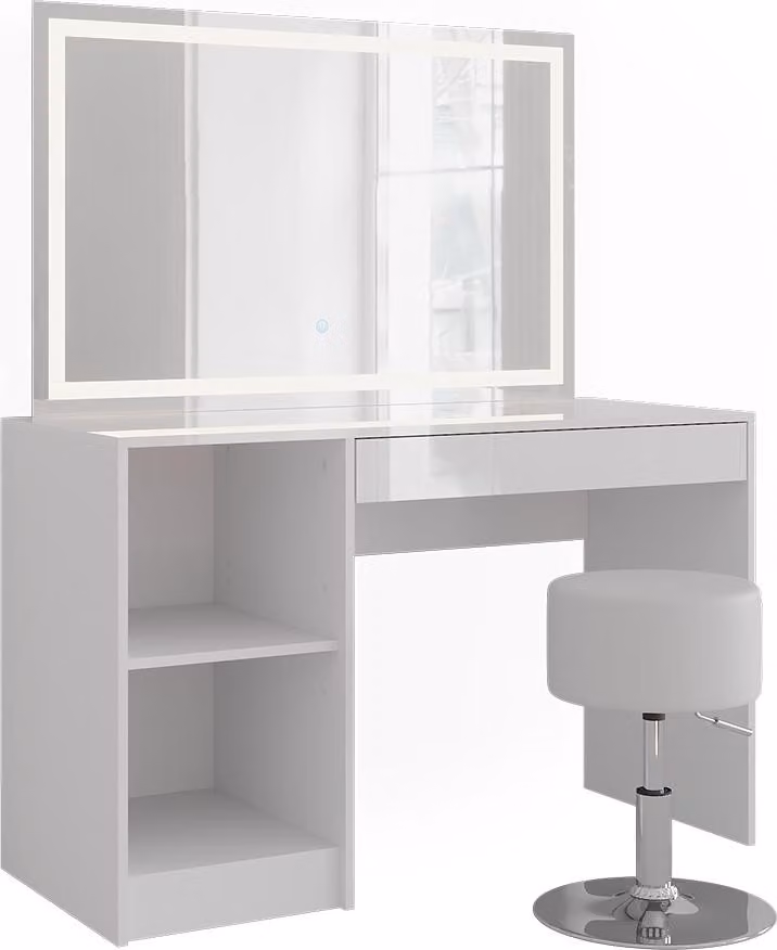 Tavolo da toeletta Vicco Sherry Bianco/Bianco lucido 119.8 cm con specchio LED e sgabello, Model 57577