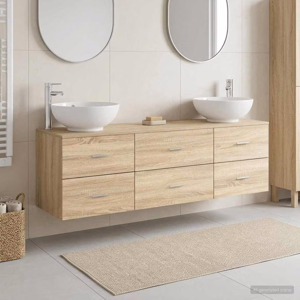 Set di mobili per il bagno moderno vidaXL composto da 3 pezzi in legno e MDF, colore marrone con dettagli argento, L/P/H: 161,0 x 40,65 x 80,0 cm