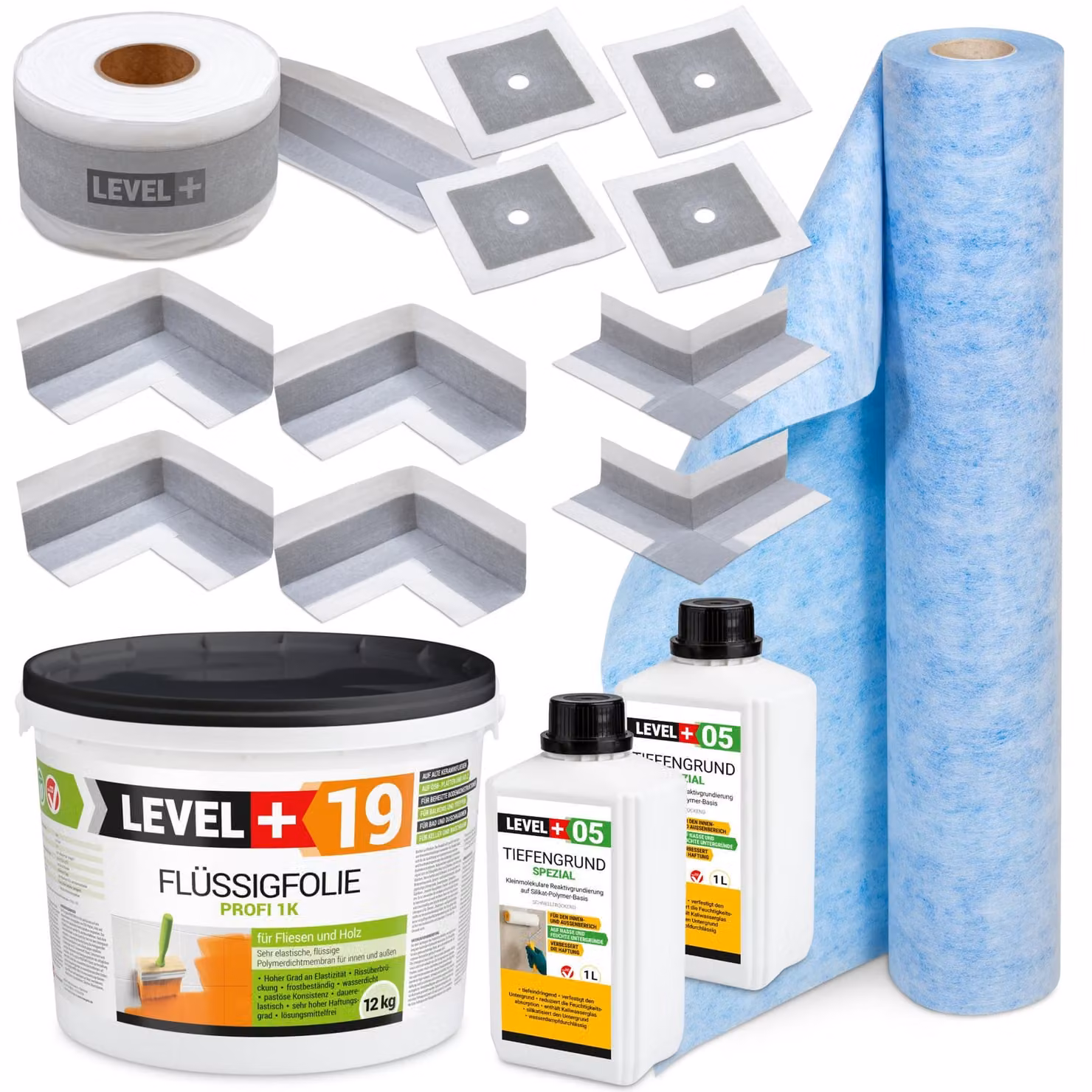 Set impermeabilizzante: Membrana liquida 12 kg, Nastro 20 m, Primer 2 L, Manicotti, Angoli, Tappetino da bagno LEVEL+ SET541