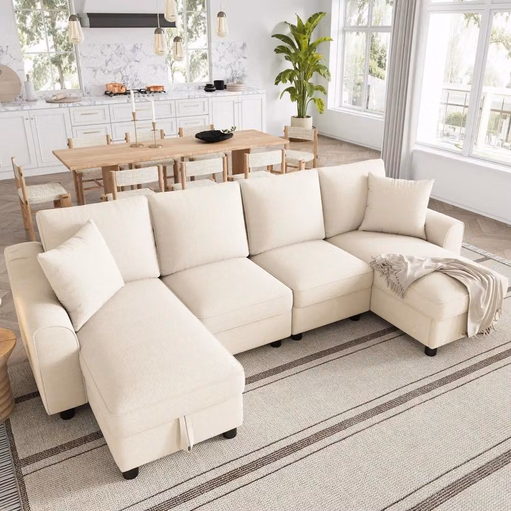 Divano modulare - Divano angolare a forma di "U" - Tessuto in chenille - 4 posti - Con spazio contenitivo - Dimensioni: 280 x 137 x 84 cm - Grigio