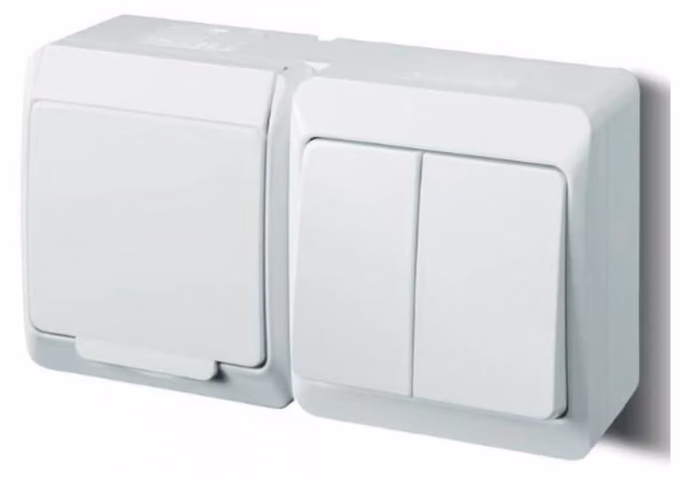 interruttore da superficie bianco 5 in serie 250 V 5327-14 + presa da superficie con copripresa / doppio interruttore