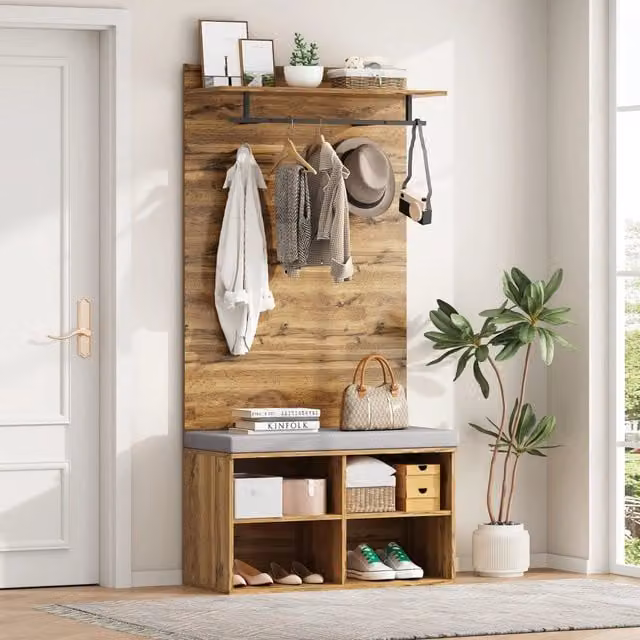 Mobile da ingresso OKWISH con scarpiera imbottita, asta appendiabiti e ganci, rovere marrone, L: 84 cm, P: 35 cm, H: 175 cm