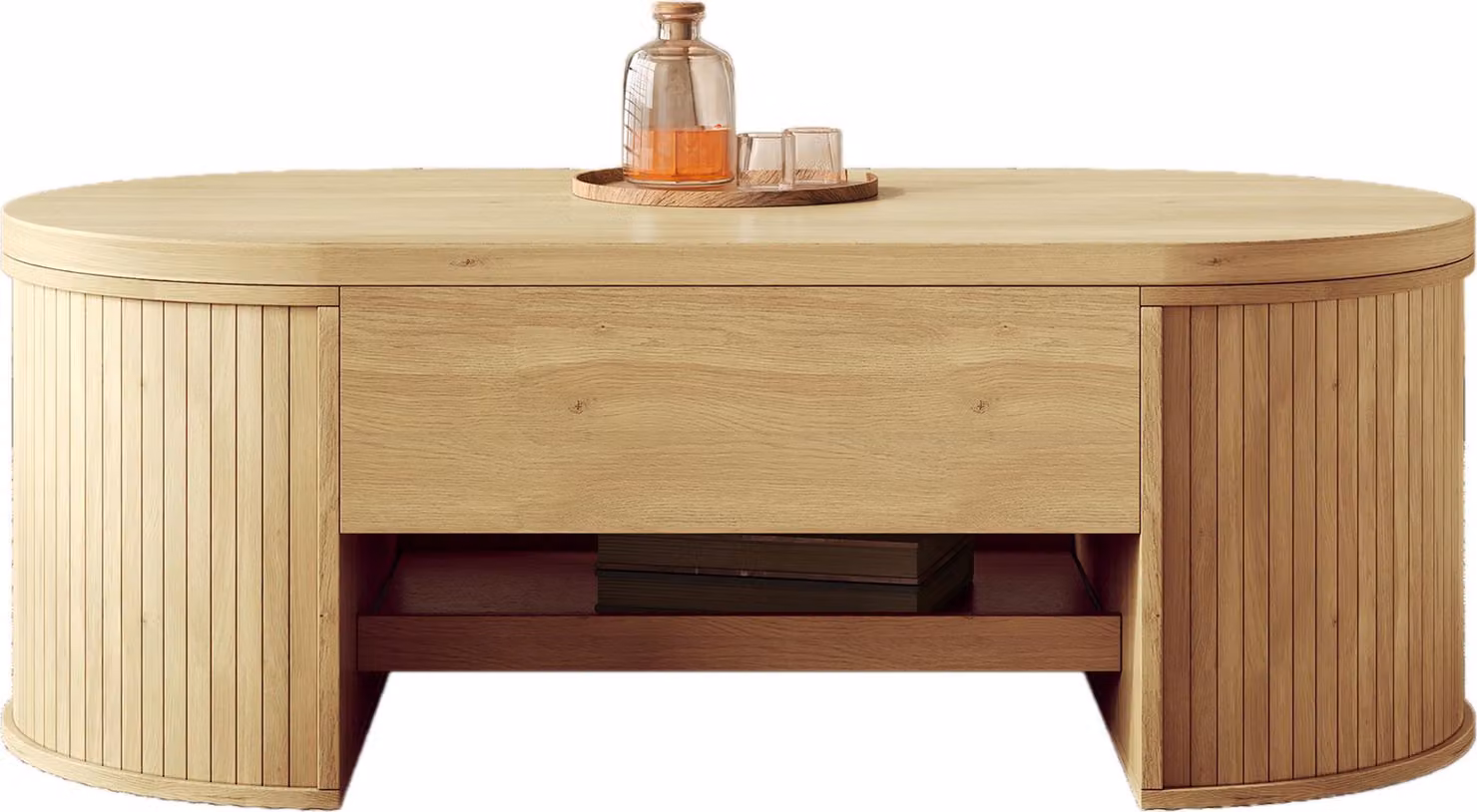Tavolino ribaltabile Sweiko, con fianchi in legno curvato, ripiano estraibile, piano ribaltabile, mobile multifunzionale per il soggiorno.