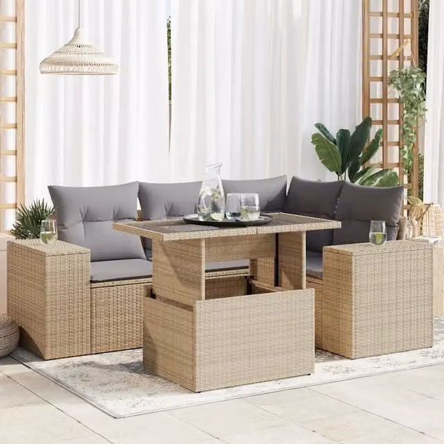 Set Divano da Giardino a L vidaXL con Cuscini Beige e Tavolino da Esterno in Polyrattan e Metallo