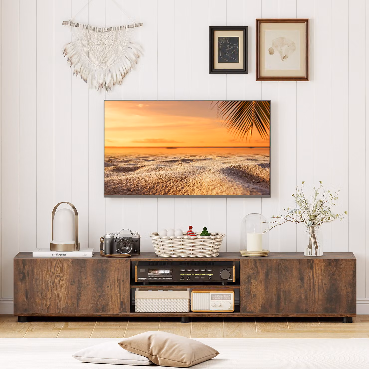 Mobile porta TV Costway moderno in legno marrone per schermi fino a 70 pollici con 2 mobiletti e 2 ripiani aperti, L: 160 cm, P: 35 cm, H: 30 cm