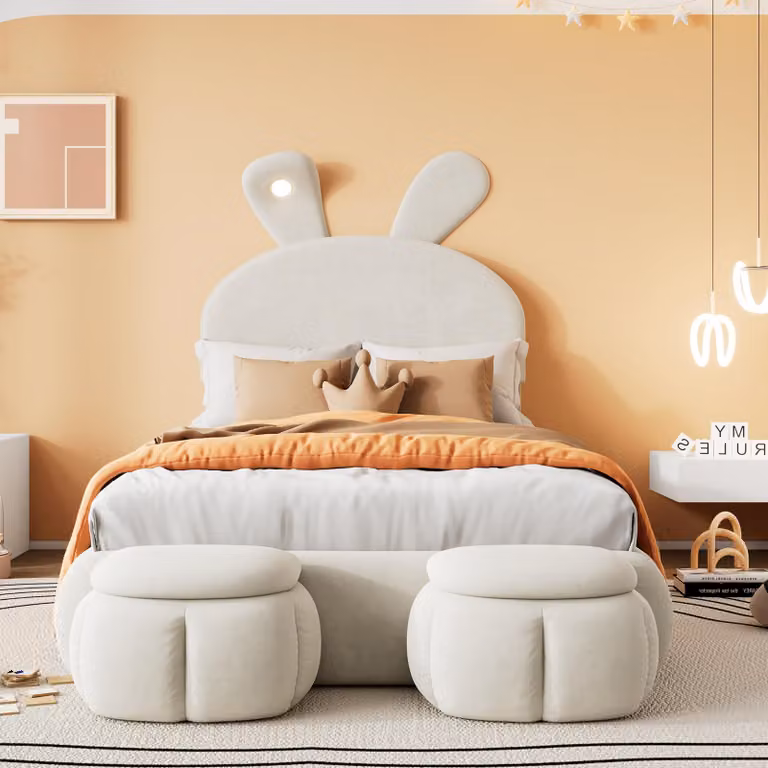 Letto imbottito 90x200 cm, design "orecchie di coniglio", con illuminazione LED, 2 poggiapiedi contenitori, rivestito in velluto (beige)