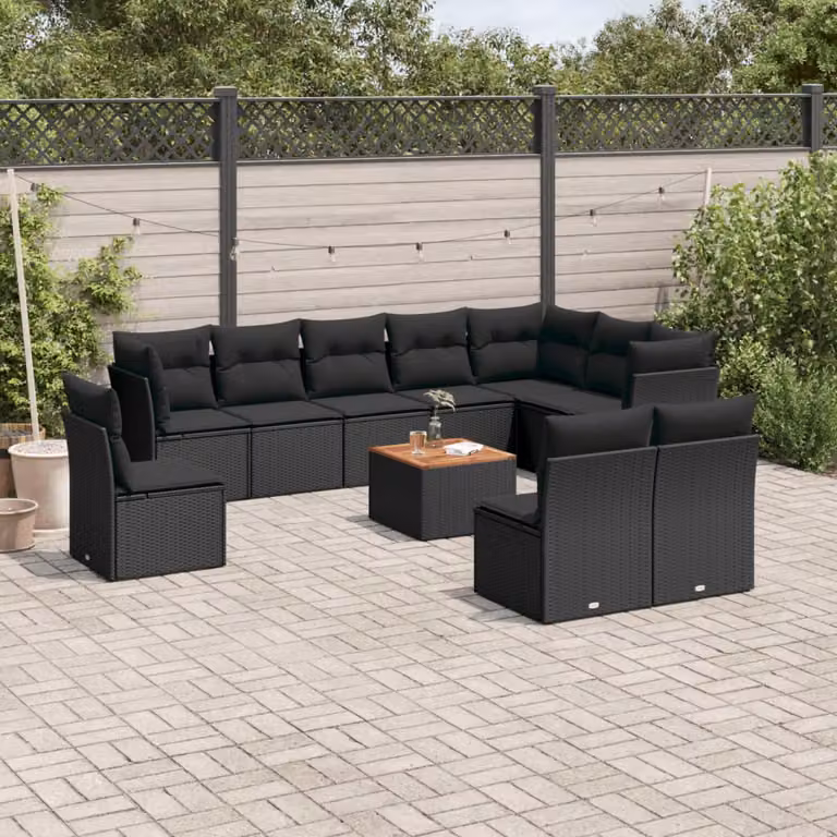 vidaXL Set Divani da Giardino 11 pz in Polyrattan Nero con Cuscini e Tavolino da Esterno