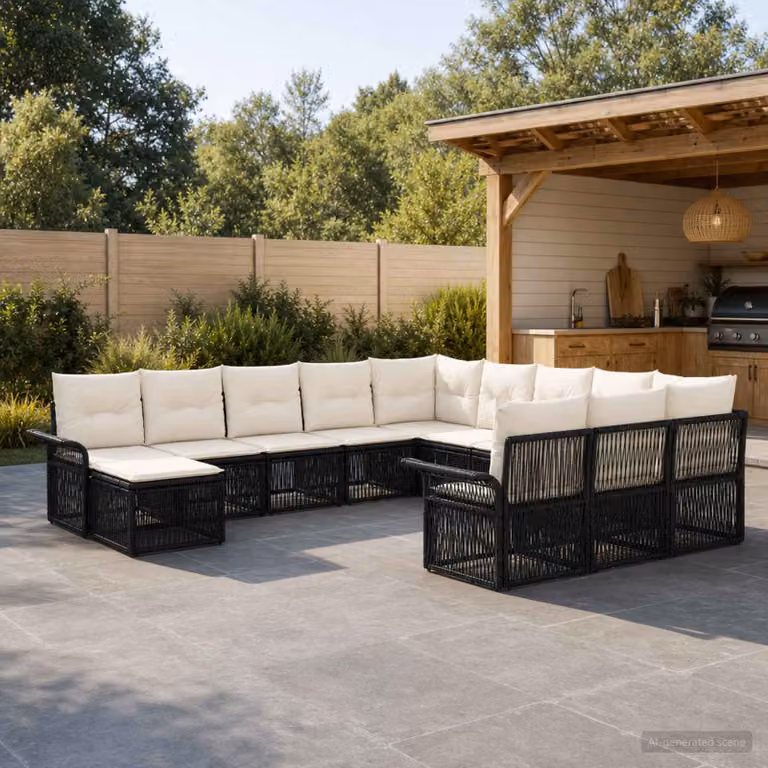 Set Divano da Giardino Moderno vidaXL a Forma a U con Cuscini, Colore Nero e Bianco Crema, Struttura in Metallo e Polyrattan