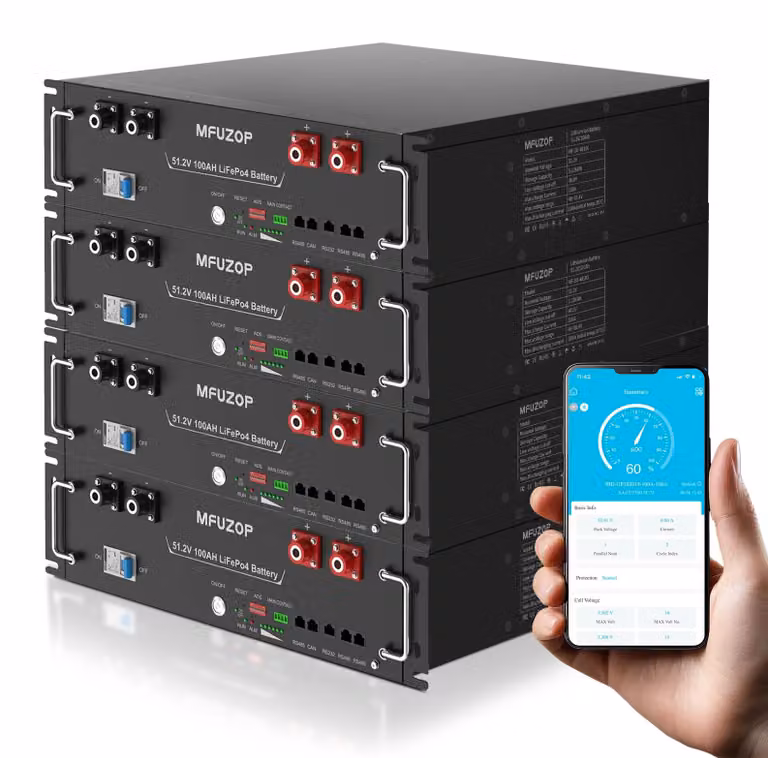 Batterie LiFePO4 - Modello MF-3U-48100 - 51,2 V, 400 Ah - 5,12 kWh - 8000+ cicli di carica - Interfacce RS485/CAN/RS232 - Adatte per sistemi solari off-grid (autonomi)