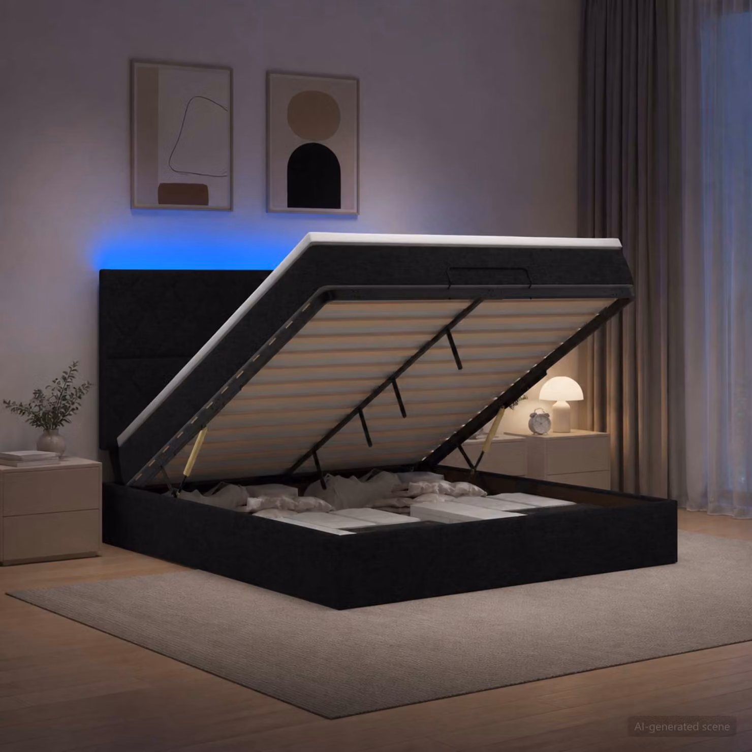 Letto Ottomano con Materasso e Illuminazione LED vidaXL, Colore Nero, L/P: 180 x 200 cm