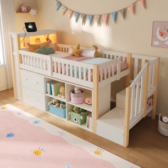 Letto a soppalco ¨C Minimal ¨C 90x200 cm, pino naturale, con cassetti, luci LED, senza materasso