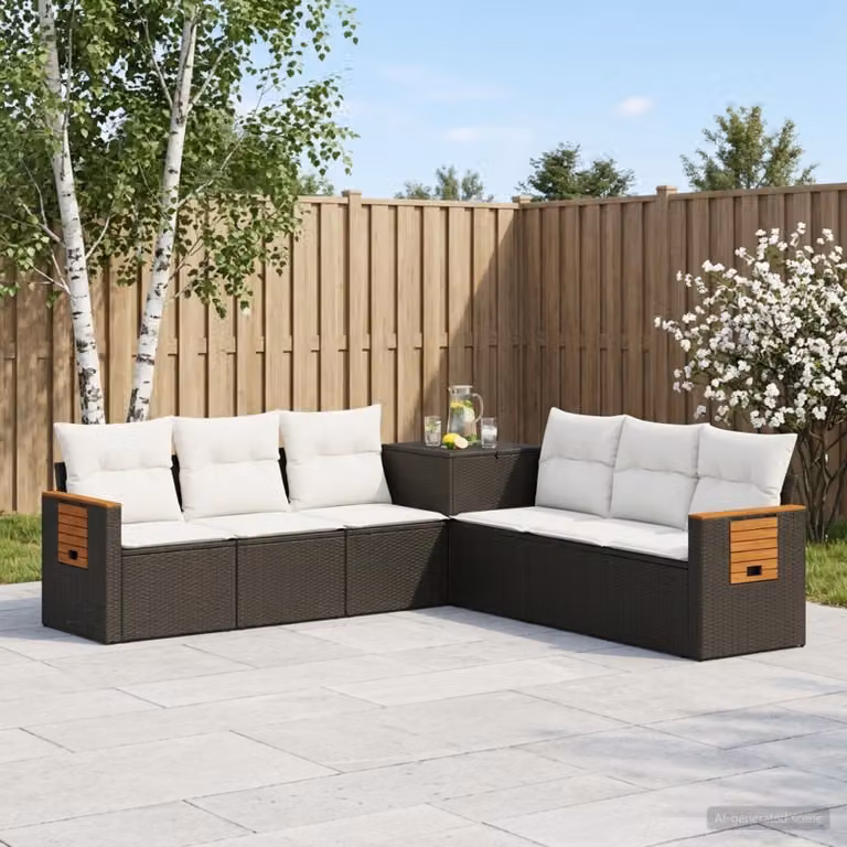 Set di divani da giardino vidaXL in polyrattan nero e bianco crema con cuscini inclusi