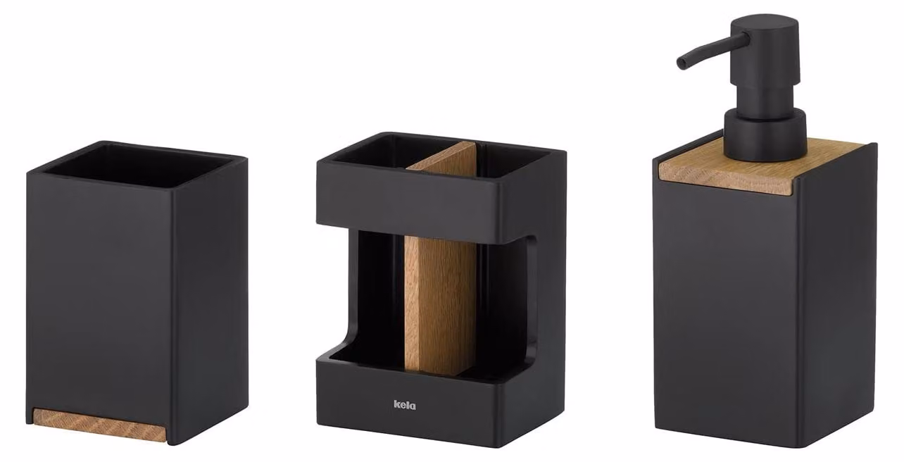 kela Set da bagno 3 pezzi, modello Cube, colore nero, effetto legno, composto da: portabicchieri, porta spazzolini