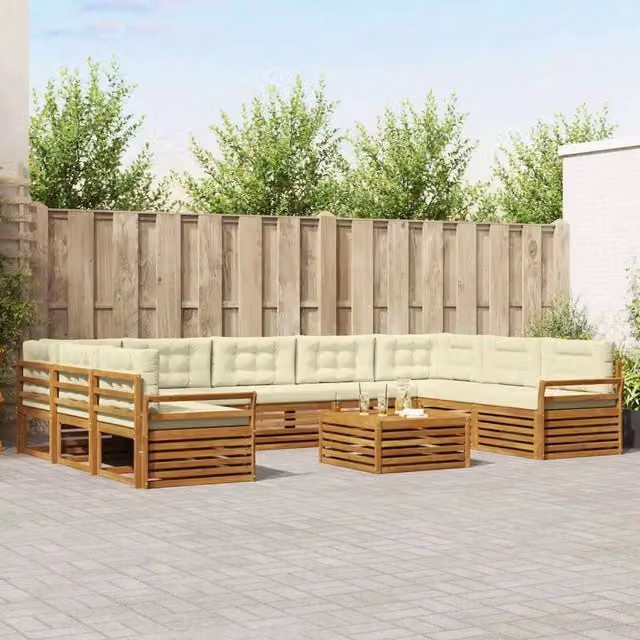 Set di mobili da giardino vidaXL composto da divano a 3 posti, elemento angolare, tavolino da caffè e cuscini in tessuto, struttura in legno di acacia e colore beige e bianco
