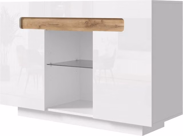 Mobile da soggiorno LED bianco e effetto legno naturale 120x40x80 cm con 4 ripiani e 2 scomparti aperti