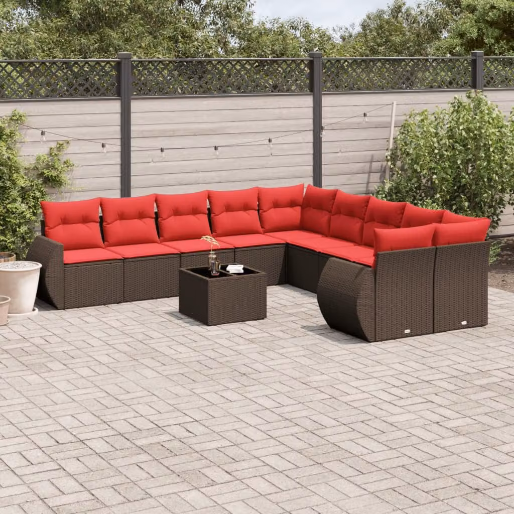 Set di divani da giardino vidaXL 11 pezzi in polyrattan marrone con cuscini e tavolino da esterno in vetro e metallo