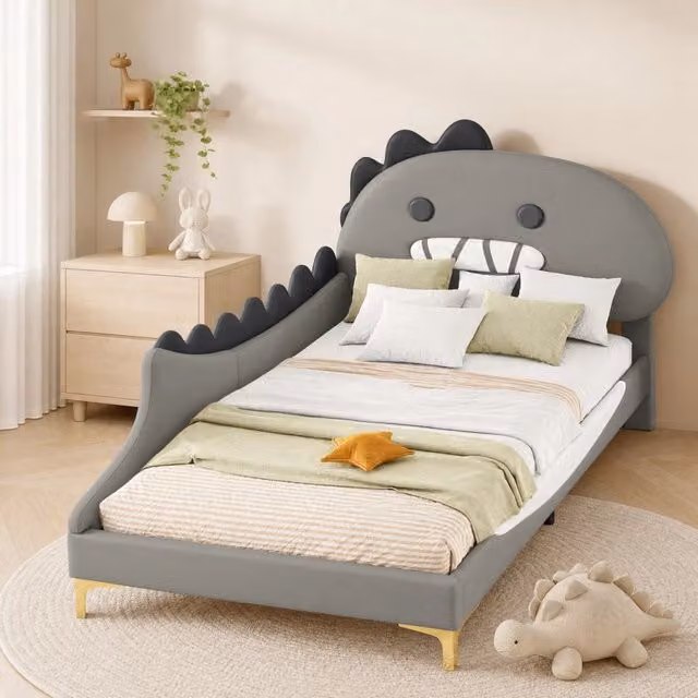 Letto per bambini 90x200 cm con design a dinosauro, struttura in PU e MDF, colore grigio