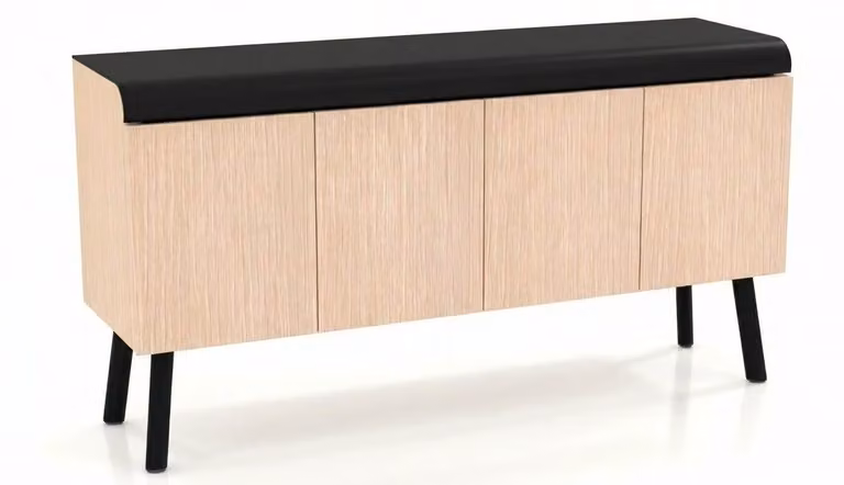 Mobile contenitore moderno, finitura effetto legno beige, con cuscino imbottito nero