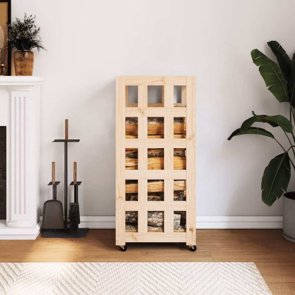 vidaXL Carrello Portalegna con Ruote in Legno Massello di Pino Marrone L: 40 cm, P: 49 cm, H: 110 cm
