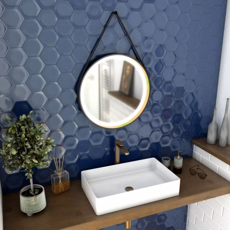 Specchio da bagno LED rotondo, diametro 55 cm, finitura nera opaca, dettagli bronzati