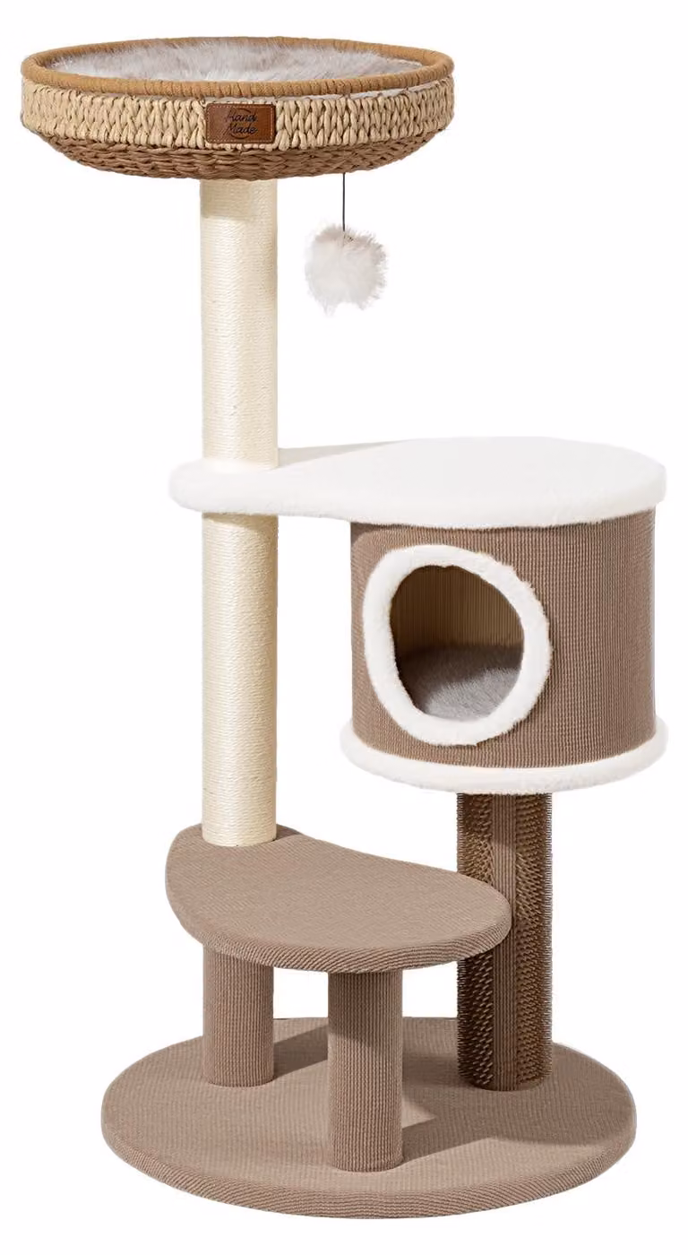 Fudajo Forest Lodge: Albero per gatti beige, 117 cm di altezza, con casetta per gatti, cuccia, elemento massaggiante e pali da graffio rivestiti in corda di carta