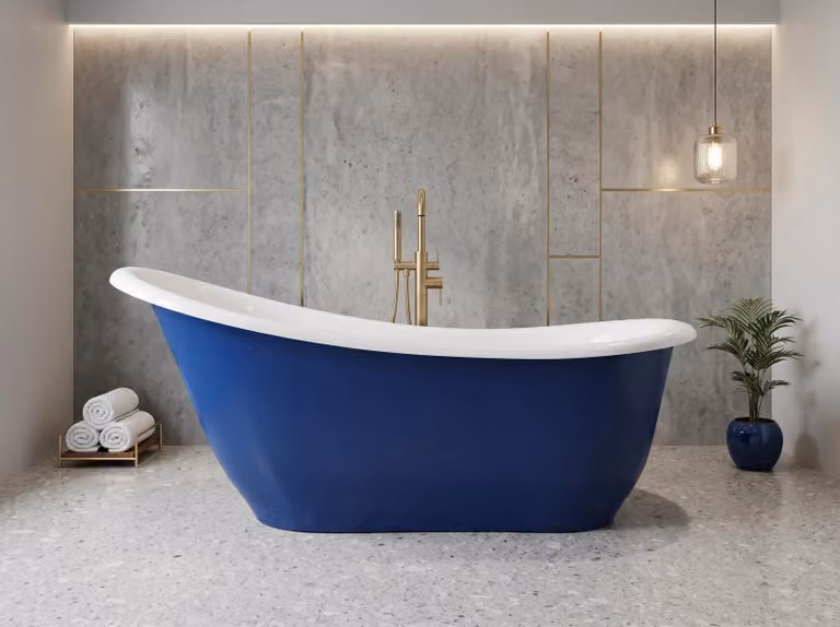 Vasca da bagno freestanding da 180 cm, blu e bianca, in composito, con sifone in omaggio