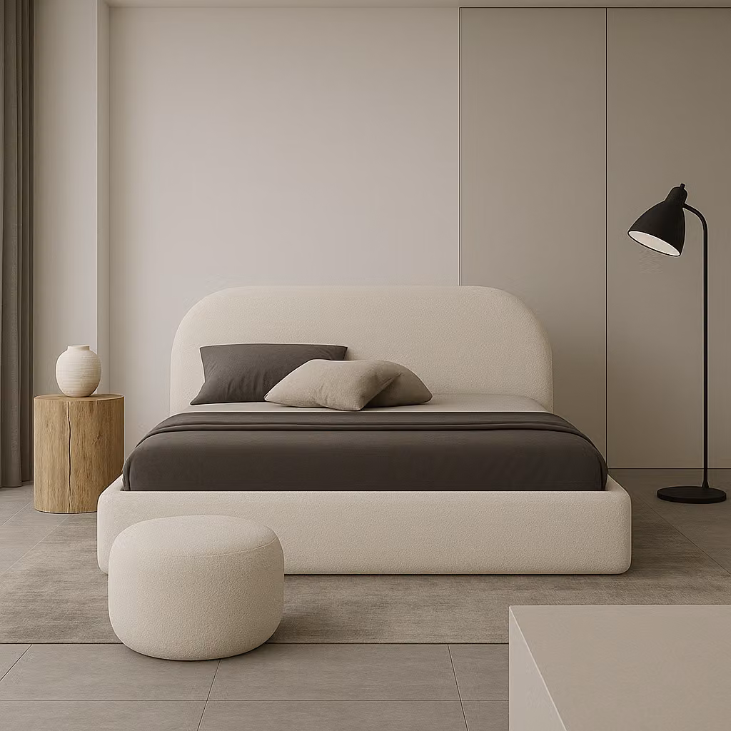 GUTTO Letto imbottito MOON beige 180x200 con rete a doghe in metallo Letto di alta qualità in morbido tessuto Bouclé con contenitore e vano portaoggetti