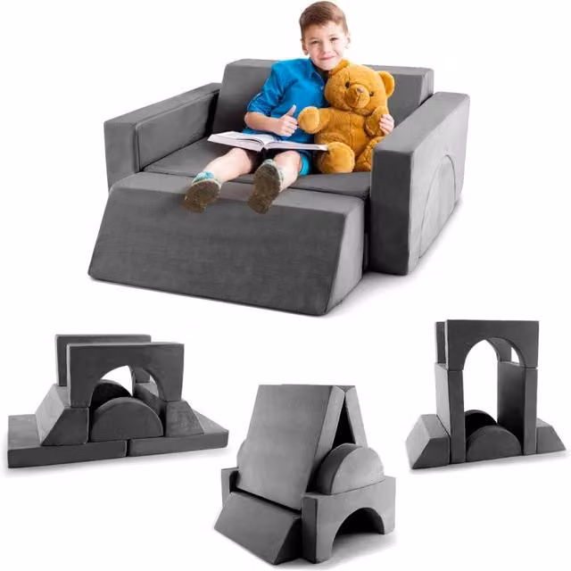 Divano modulare creativo per bambini composto da 8 pezzi con copertura staccabile Grigio